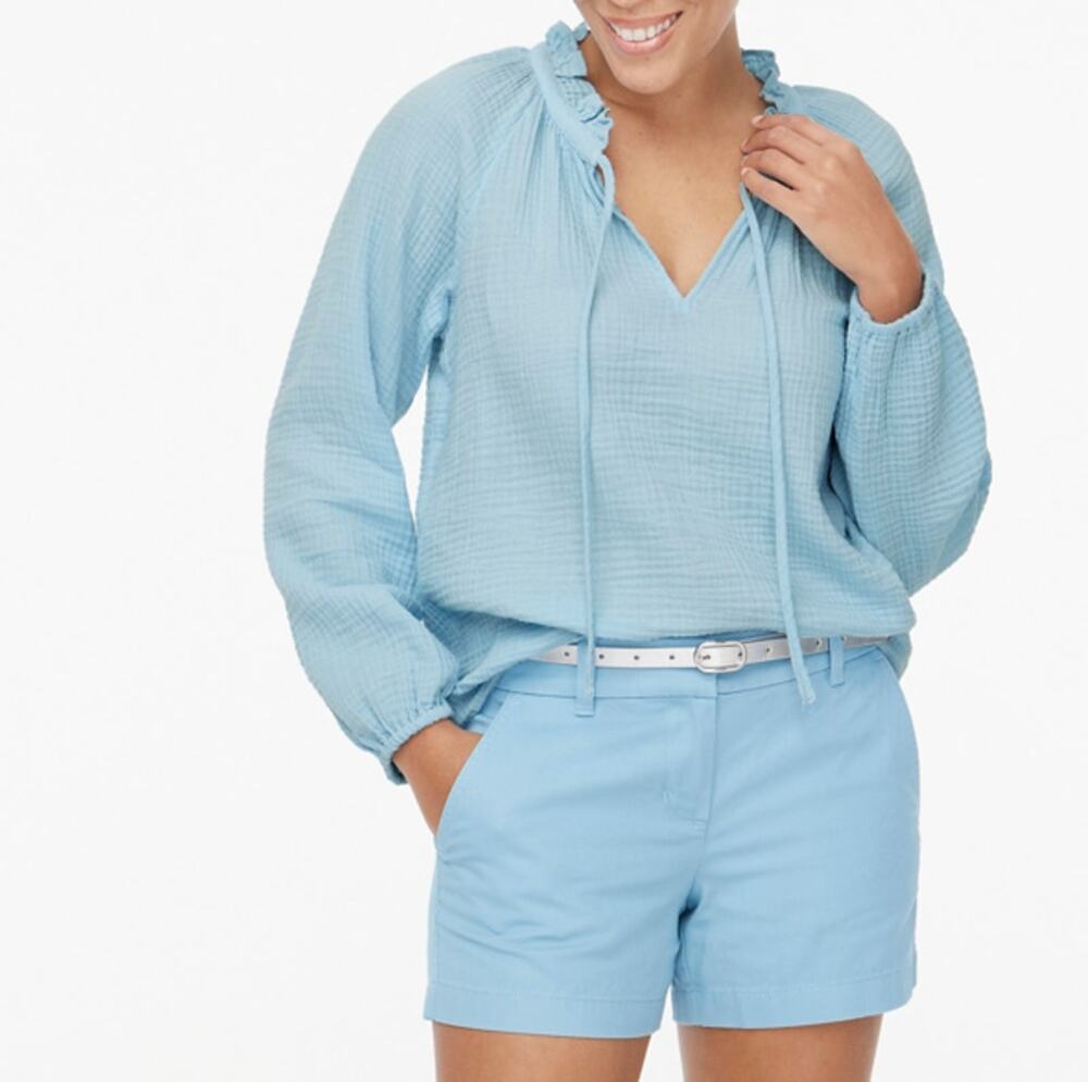 J.Crew Long Sleeve Gauze Tie-neck Top SZ L Chateau Blue Ruffle Neck Elastic Cuff